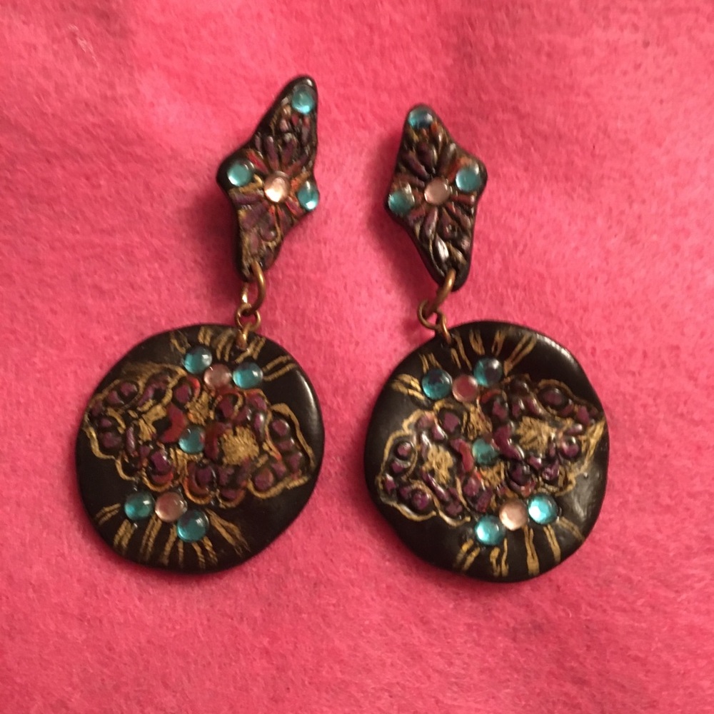 Hand painted polymer earrings with rhinestones